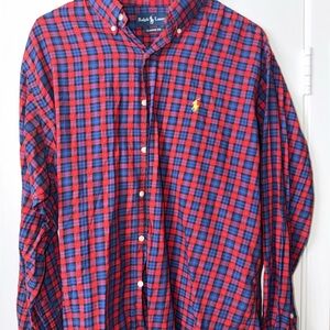 Polo Ralph Lauren Plaid Button Down Shirt Large Classic Fit Red Blue